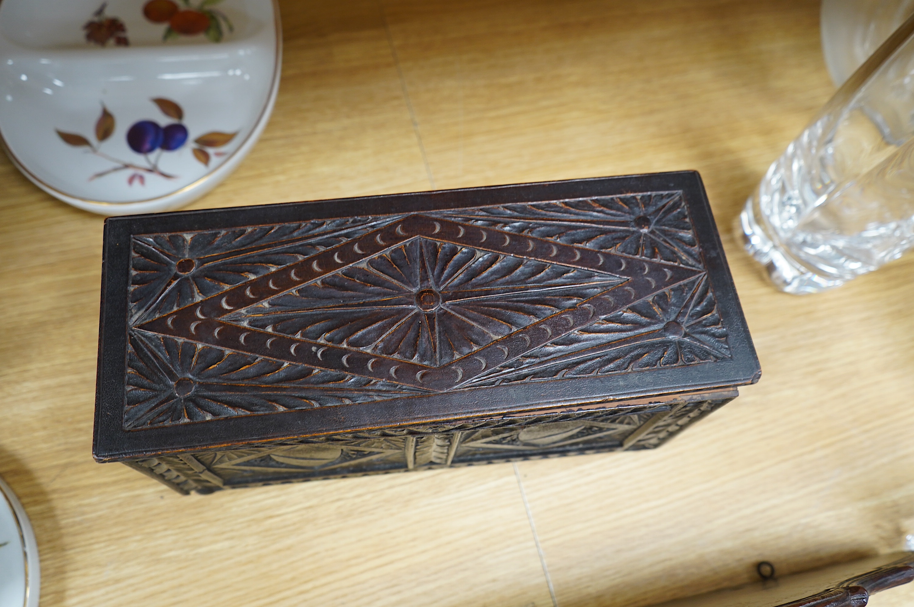 A late 19th century carved walnut and beech eagle wall bracket and a miniature coffer, largest 37cm wide. Condition - fair